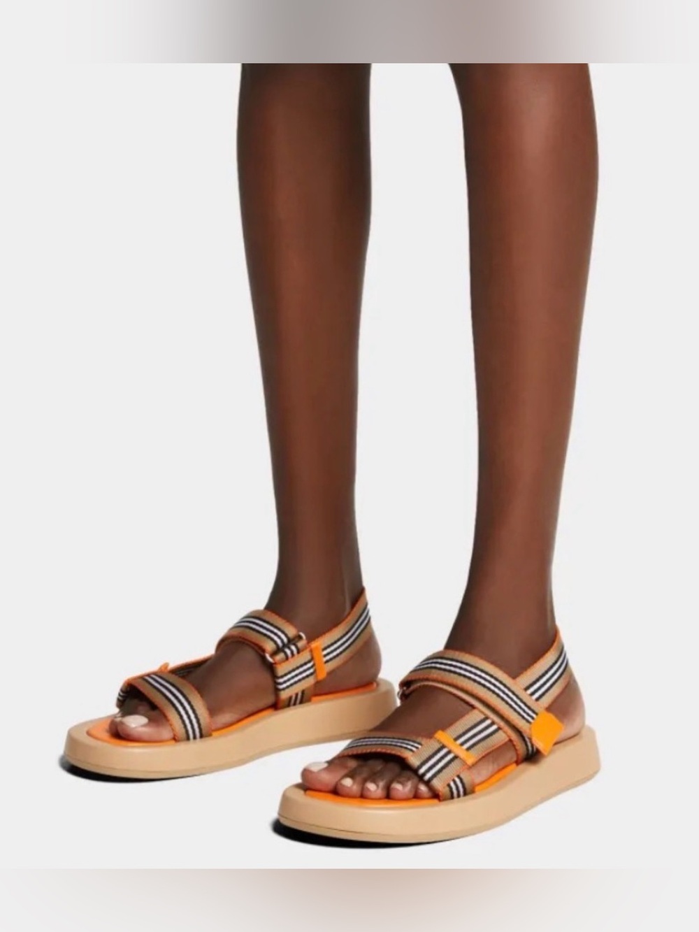Burberry Eve Icon Stripe Strappy canvas, leather Sandals deep orange 39/9 $650